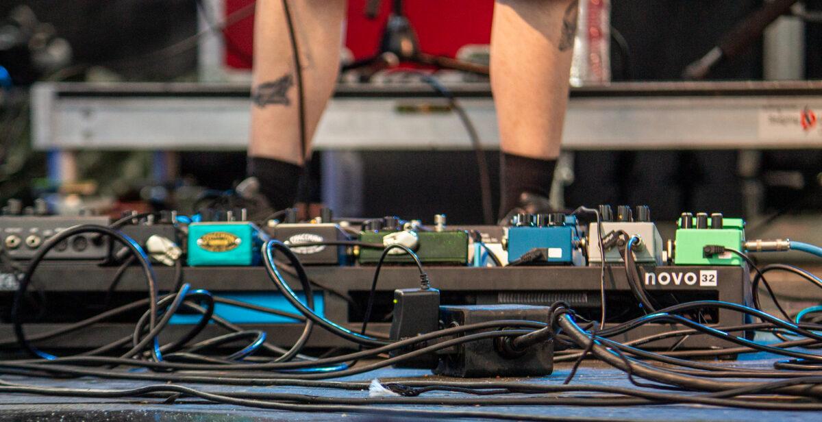 Guitarist Kerri Stewart's pedalboard at Maha Festival 2026 in Omaha.