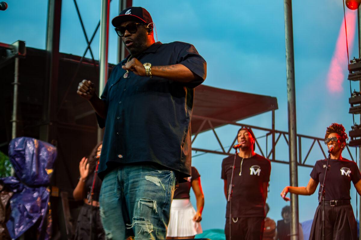 Rapper Killer Mike performs with a quartet of backing soul and gospel singers at Maha Festival 2026 in Omaha.