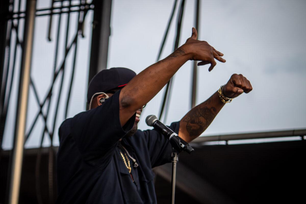 Rapper Killer Mike flashes the Run the Jewels sign to the delight of the crowd at Maha Festival 2026 in Omaha.