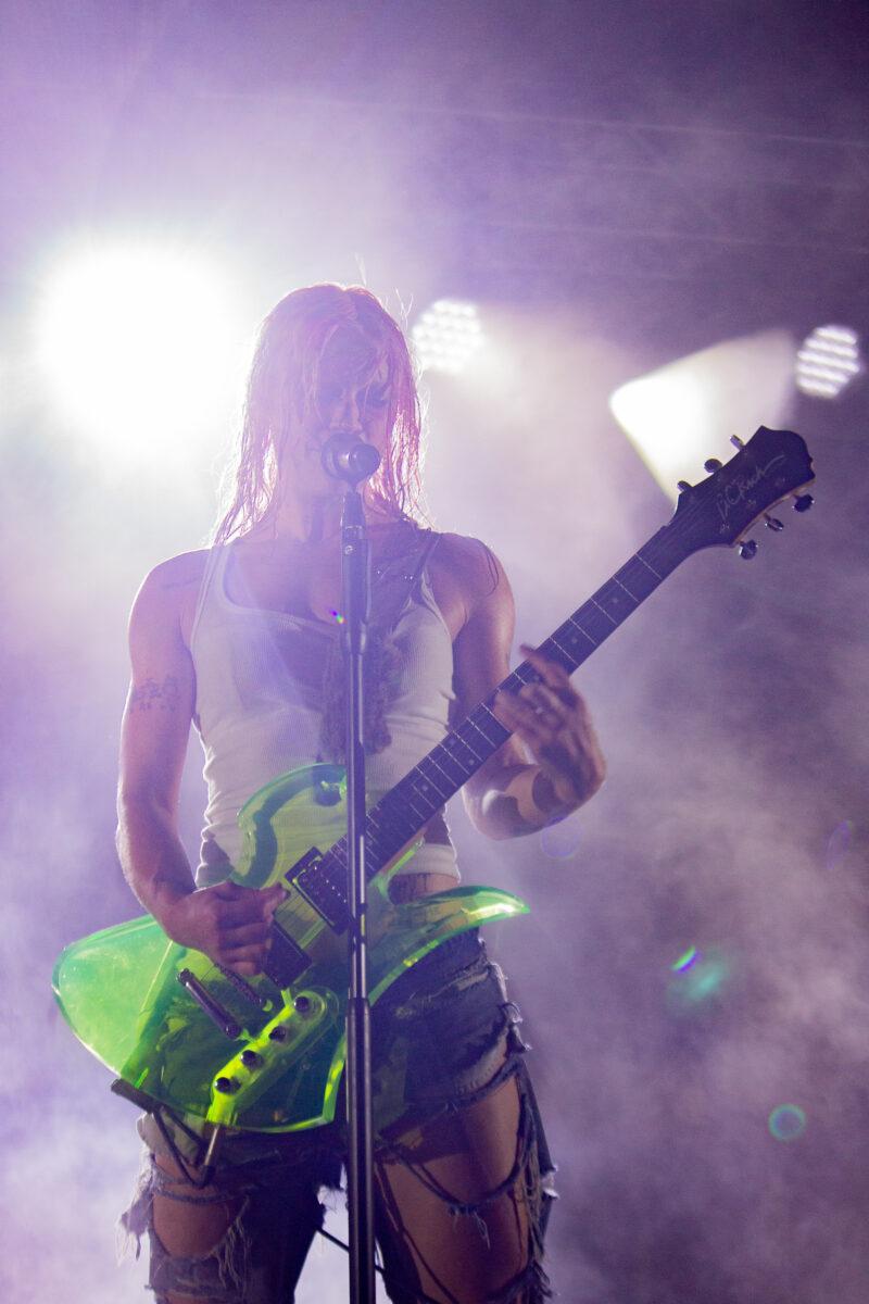 Wet Leg's Rhian Teasdale performs with the UK indie rock band at Maha Festival 2026 in Omaha.