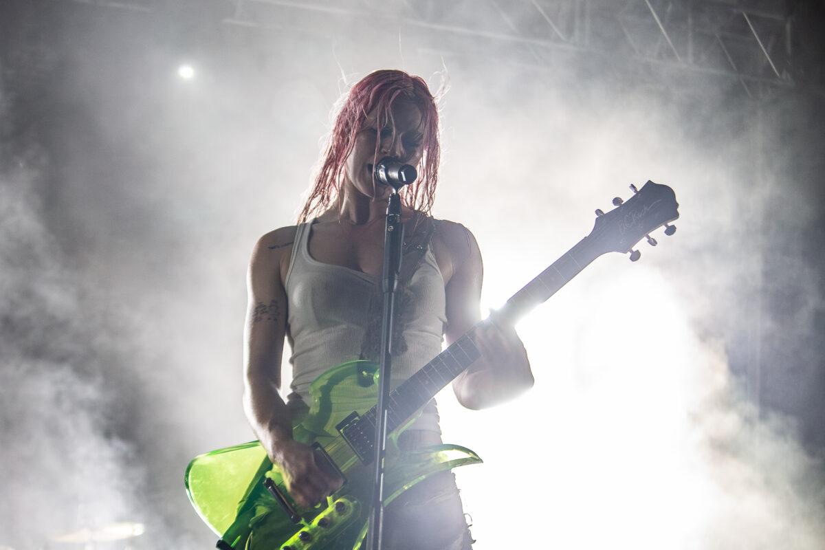 Wet Leg’s Rhian Teasdale performs with the British indie rock band at Maha Festival 2026 in Omaha.