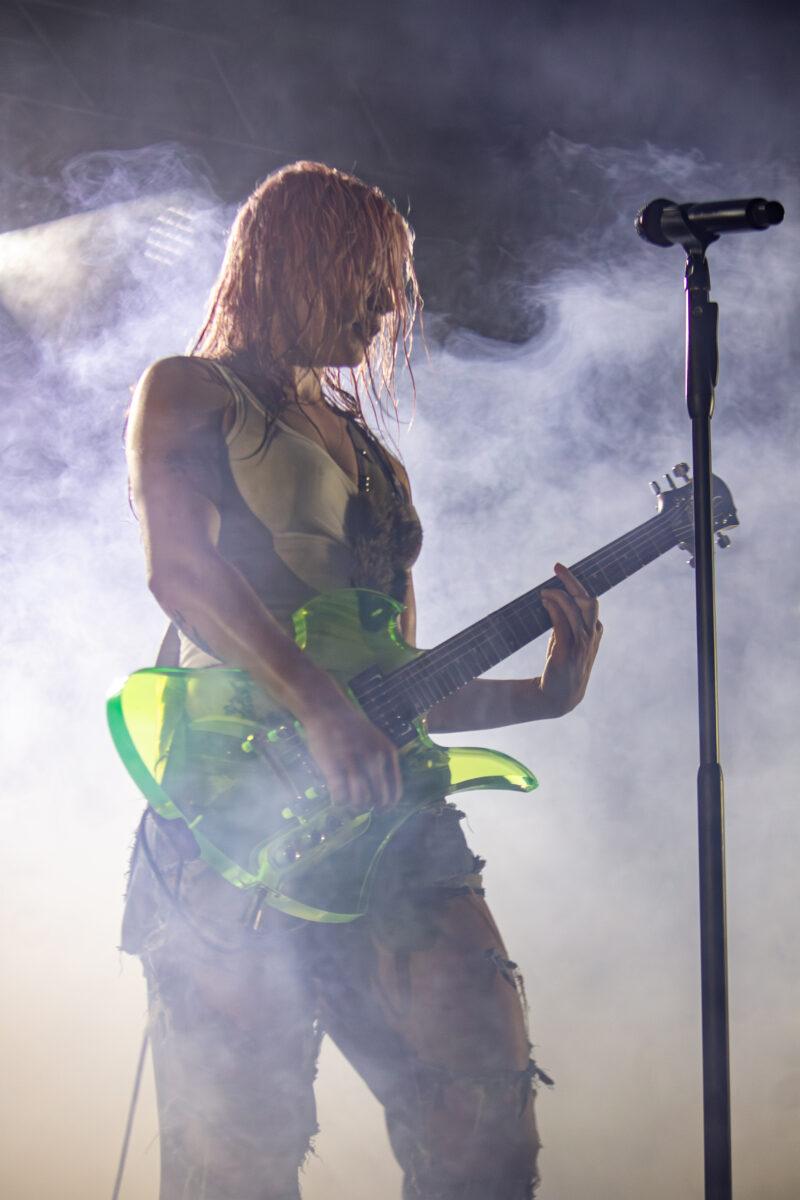 Wet Leg's Rhian Teasdale performs with the UK indie rock band at Maha Festival 2026 in Omaha.