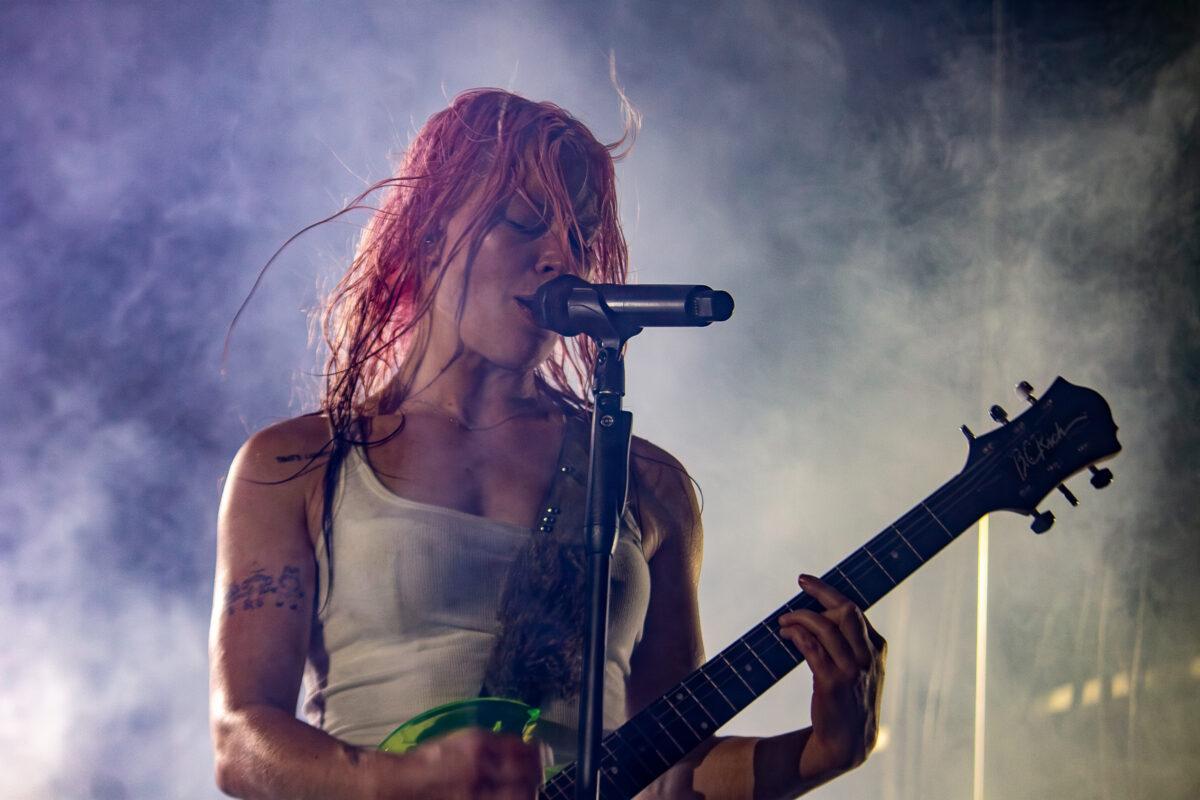 Wet Leg's Rhian Teasdale performs with the UK indie rock band at Maha Festival 2026 in Omaha.