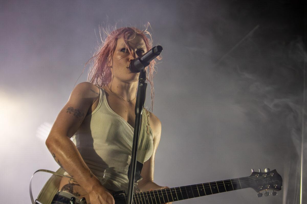 Wet Leg's Rhian Teasdale performs with the UK indie rock band at Maha Festival 2026 in Omaha.