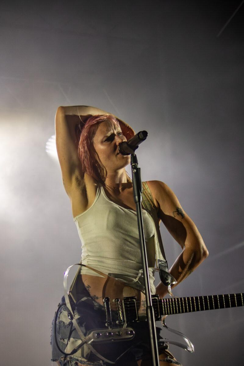Wet Leg’s Rhian Teasdale performs with the British indie rock band at Maha Festival 2026 in Omaha.